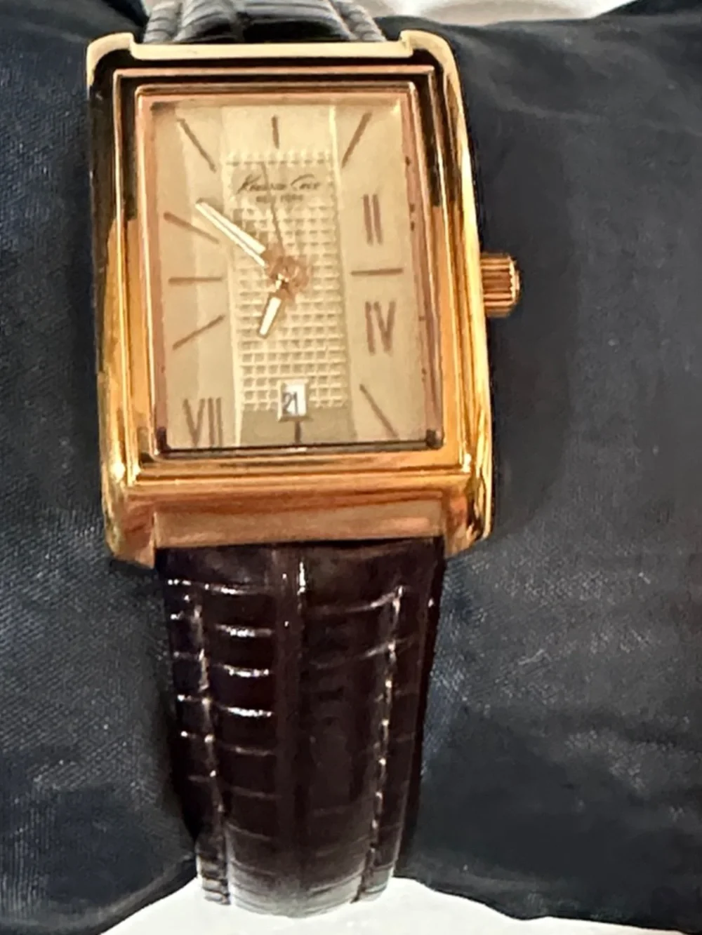 Kenneth Cole New York Gold-Tone Rectangular Watch with Black Leather Strap